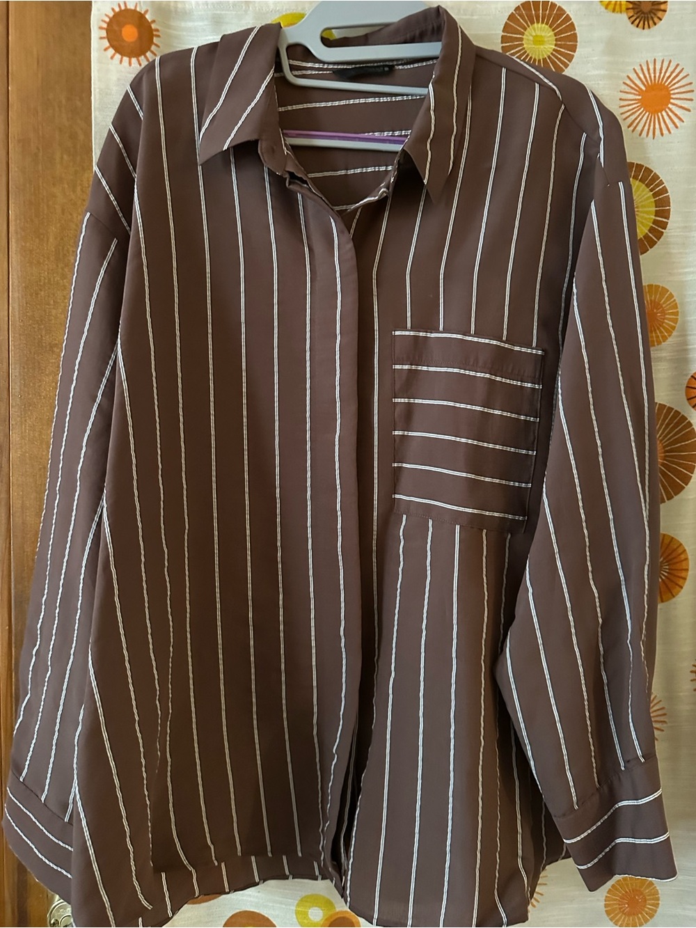 Zara Brown Button-Down Shirt with White Vertical Stripes